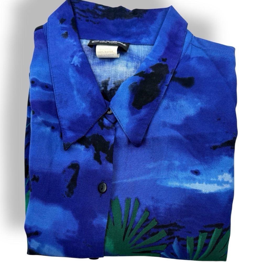 Caribou New York Blue Green Leaf Sky Rayon Short Sleeve‎ Blouse 2X Women's